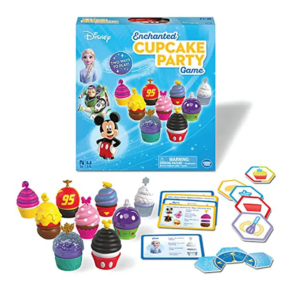 Ravensburger Disney Enchanted Cupcake Party Game set with colorful mix-and-match cupcake pieces, recipe cards, and illustrated box featuring Mickey Mouse and Elsa.