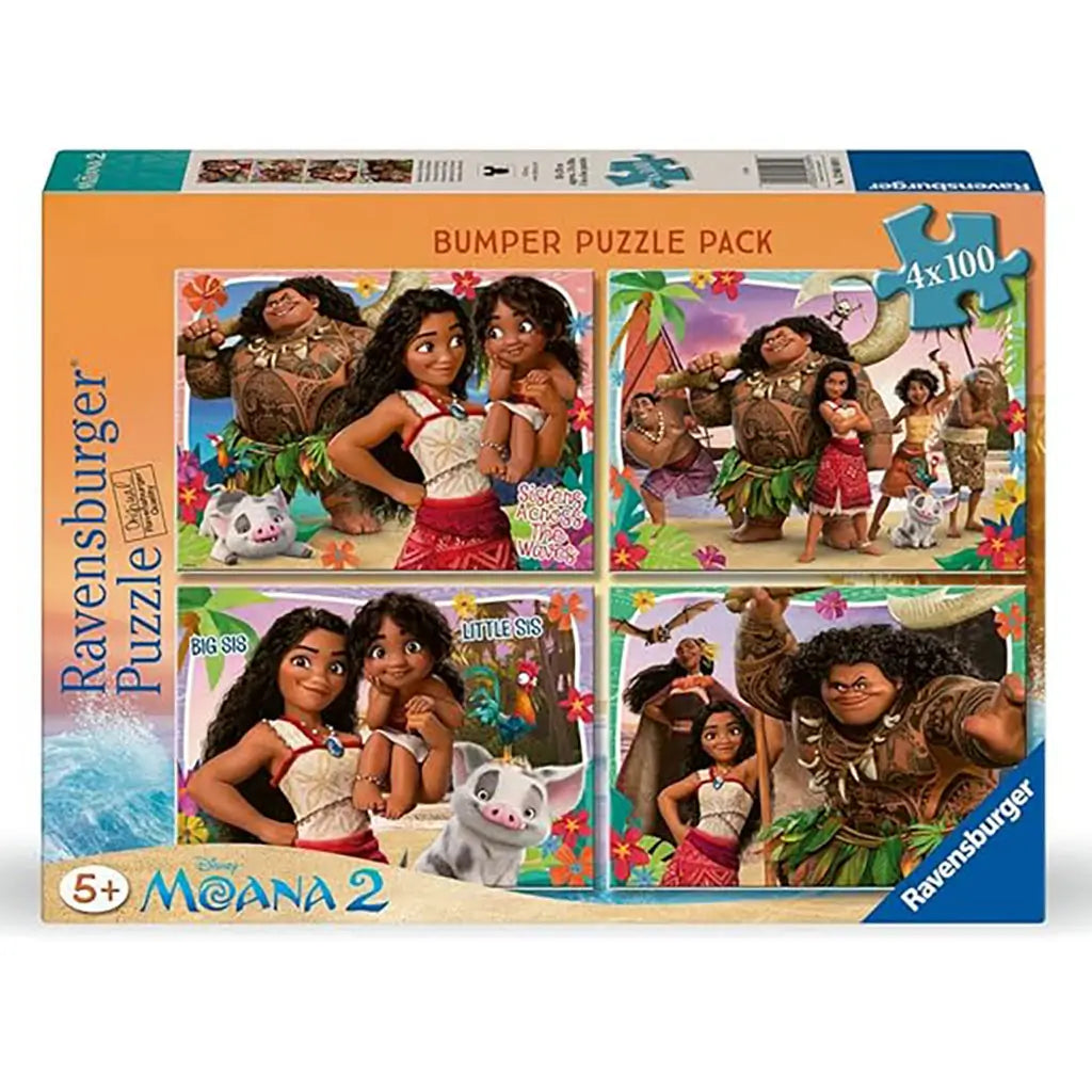 Ravensburger Disney Moana 4x100 piece bumper puzzle pack box, displaying four bright designs of Moana, Maui, and friends in tropical beach settings with vibrant colors.