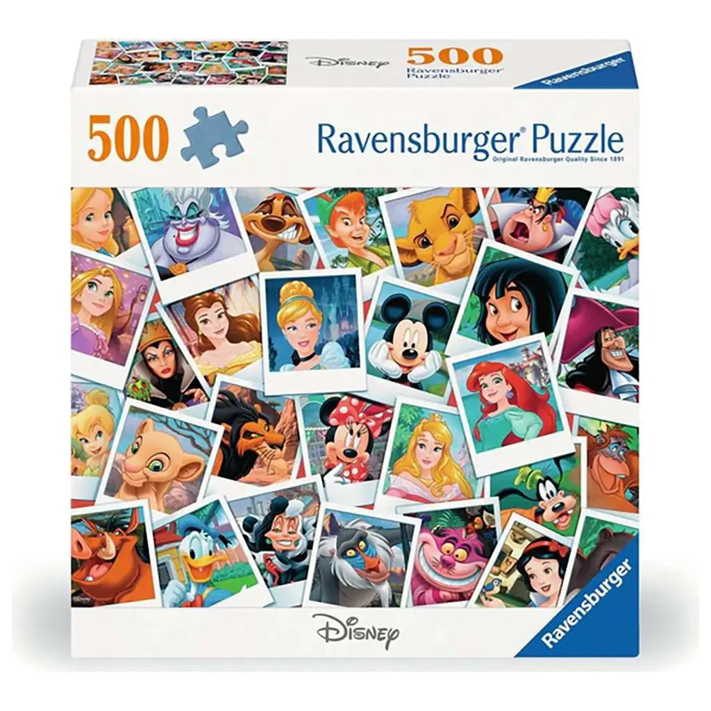 Ravensburger Disney 500-piece puzzle box showing colorful portrait collage of classic Disney characters like Mickey Mouse, princesses, and animated icons in polaroid-style frames.