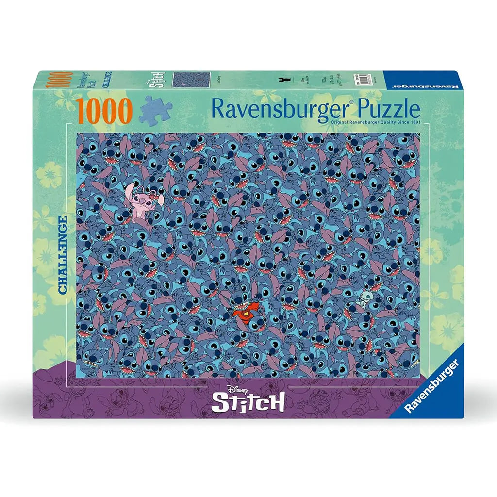 Ravensburger Disney Stitch Challenge 1000-piece puzzle box shows a dense pattern of Stitch faces with Angel and costumed Stitch, emphasizing its difficulty and vibrant detail.