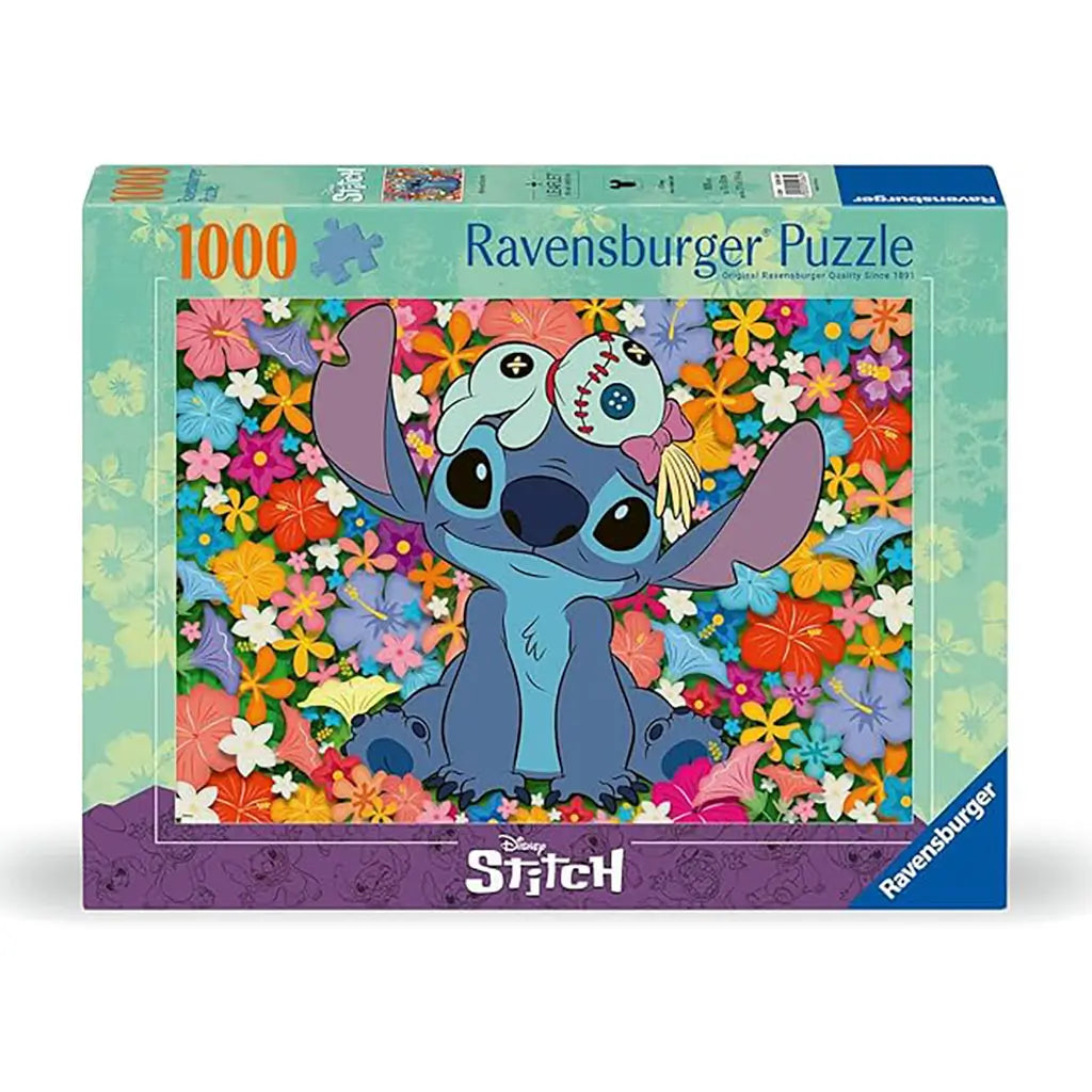 Ravensburger Disney Stitch 1000-piece puzzle box displays Stitch with Scrump atop his head against a multicolored floral background, highlighting premium quality branding.