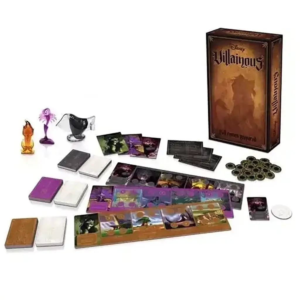 Complete Disney Villainous Evil Comes Prepared game set with cards, player boards, mover pieces, tokens, and the main game box featuring a fiery design and bold villain silhouettes.
