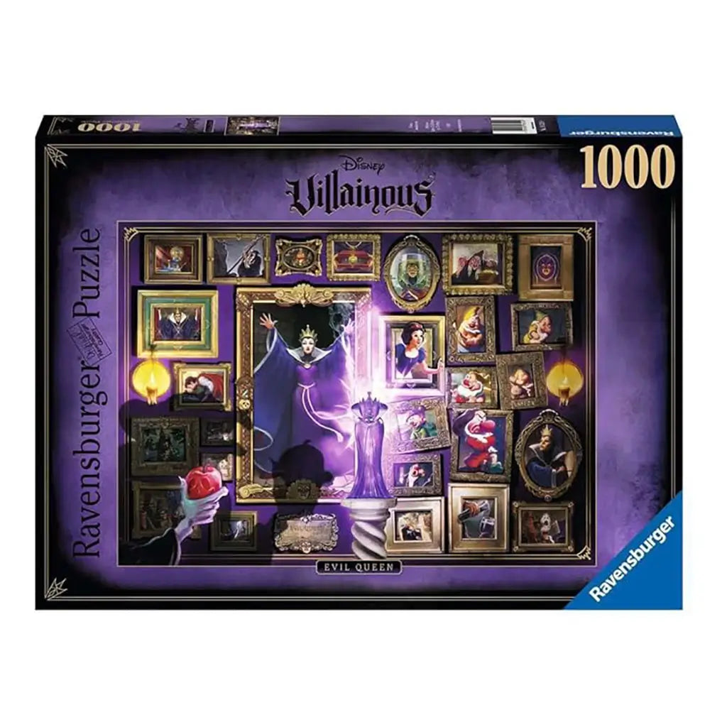 Ravensburger Disney Villainous Evil Queen 1000-piece puzzle box featuring the Evil Queen surrounded by ornate golden frames depicting Snow White and the Seven Dwarfs scenes.