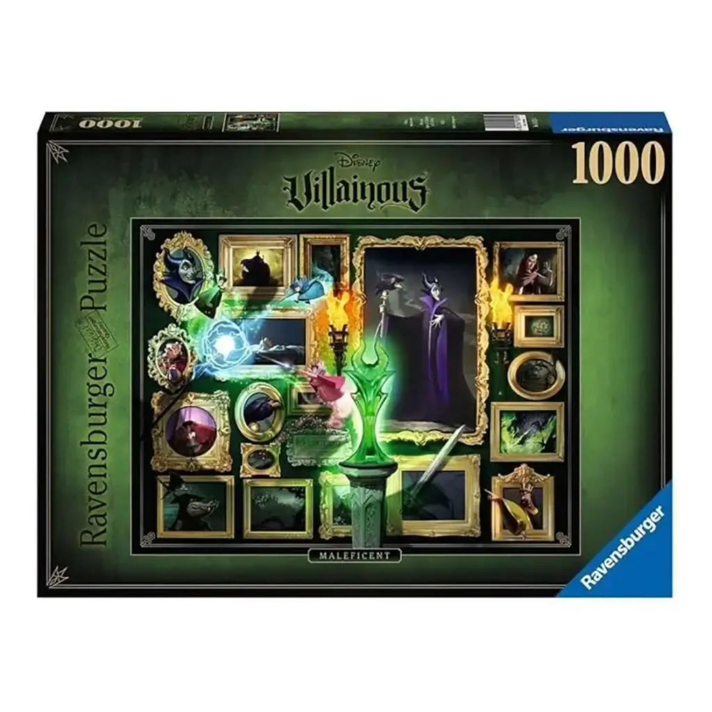 Ravensburger Disney Villainous Maleficent 1000-piece puzzle box with dark green theme, showing Maleficent framed in ornate gold borders with magical glowing elements.