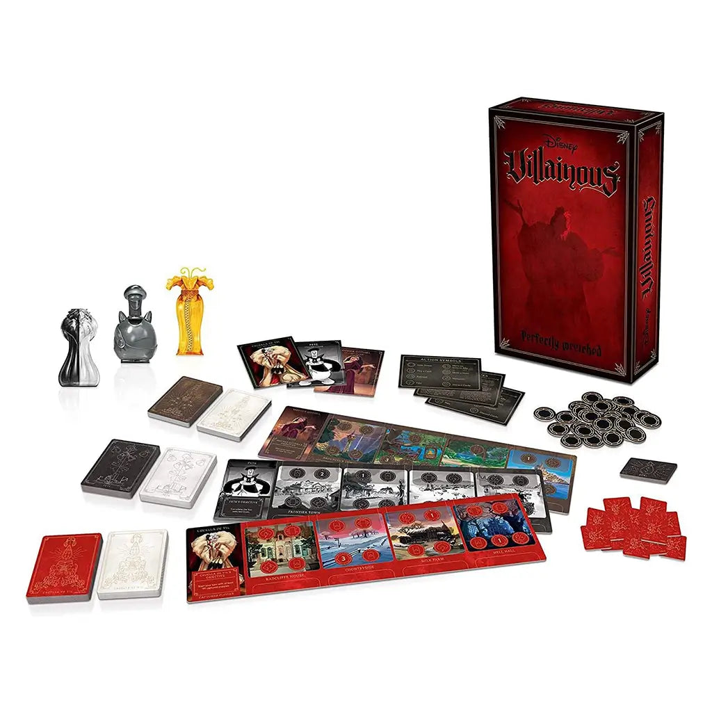 Disney Villainous: Perfectly Wretched full board game set displayed with box, villain cards, sculpted movers, player mats, and tokens, laid out for play on white background.