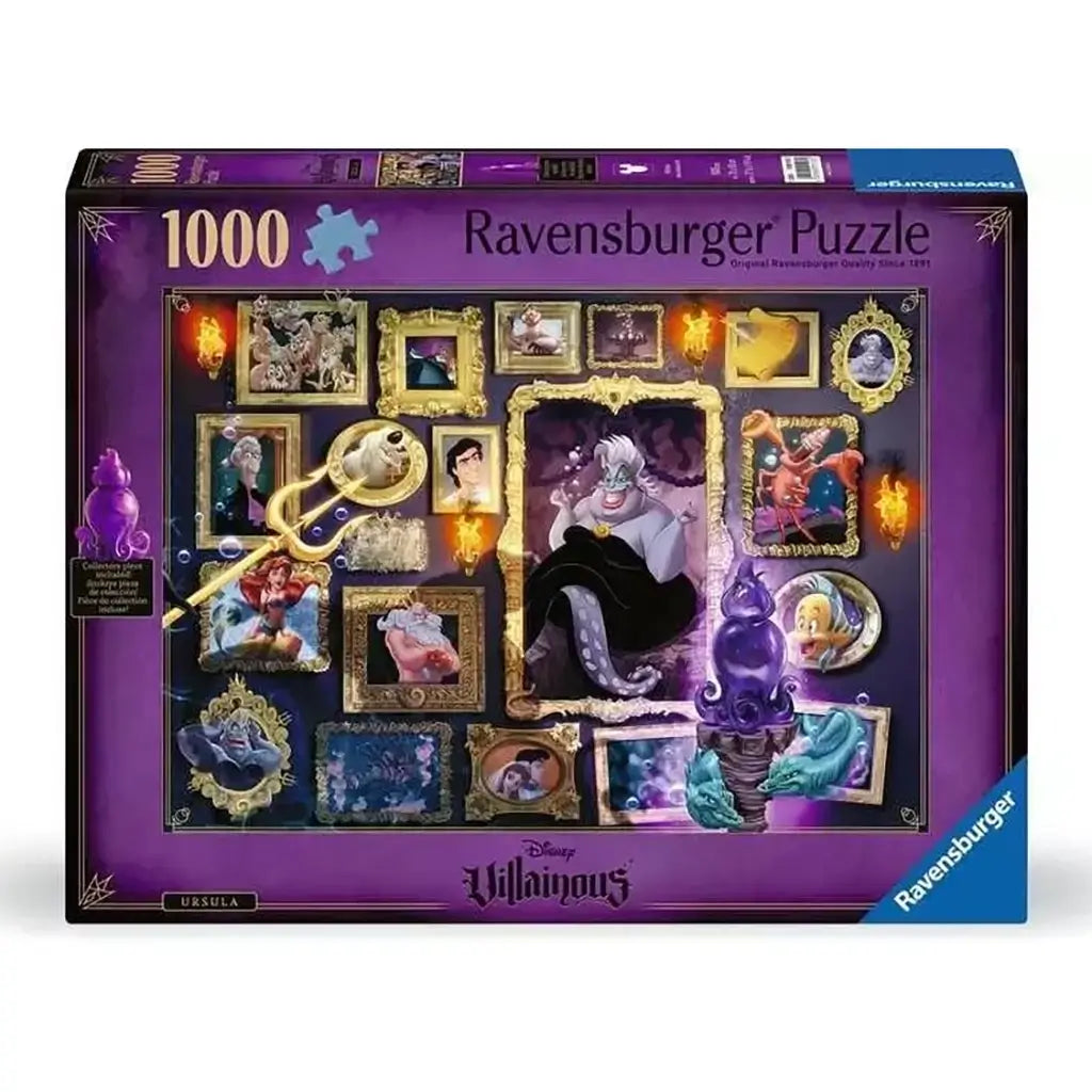 Ravensburger Disney Villainous Ursula puzzle box cover with bold purple theme, featuring Ursula, Ariel, Sebastian, and Flounder in elaborate golden frames with glowing accents.