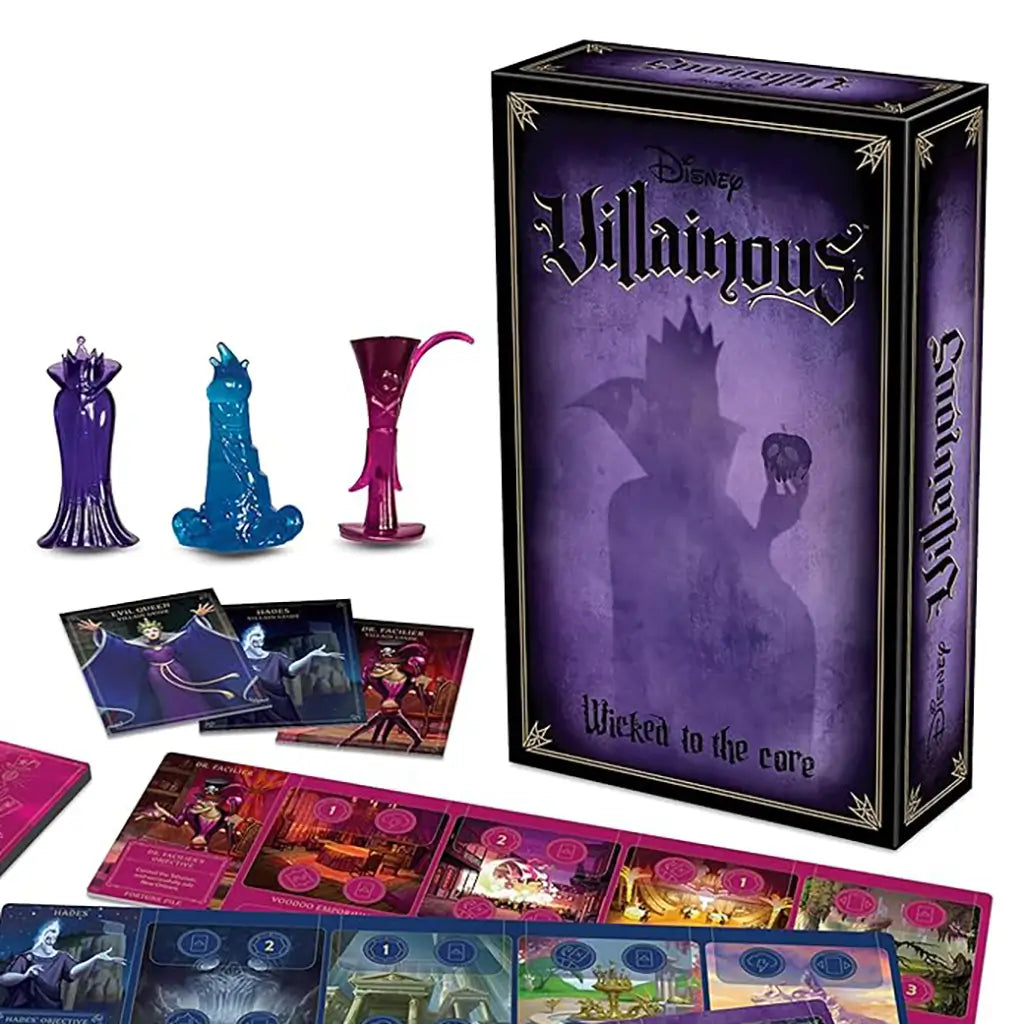 Disney Villainous Wicked to the Core game set displayed with box, villain movers, cards, and boards, featuring playable villains Hades, Evil Queen, and Dr. Facilier with expansion use.