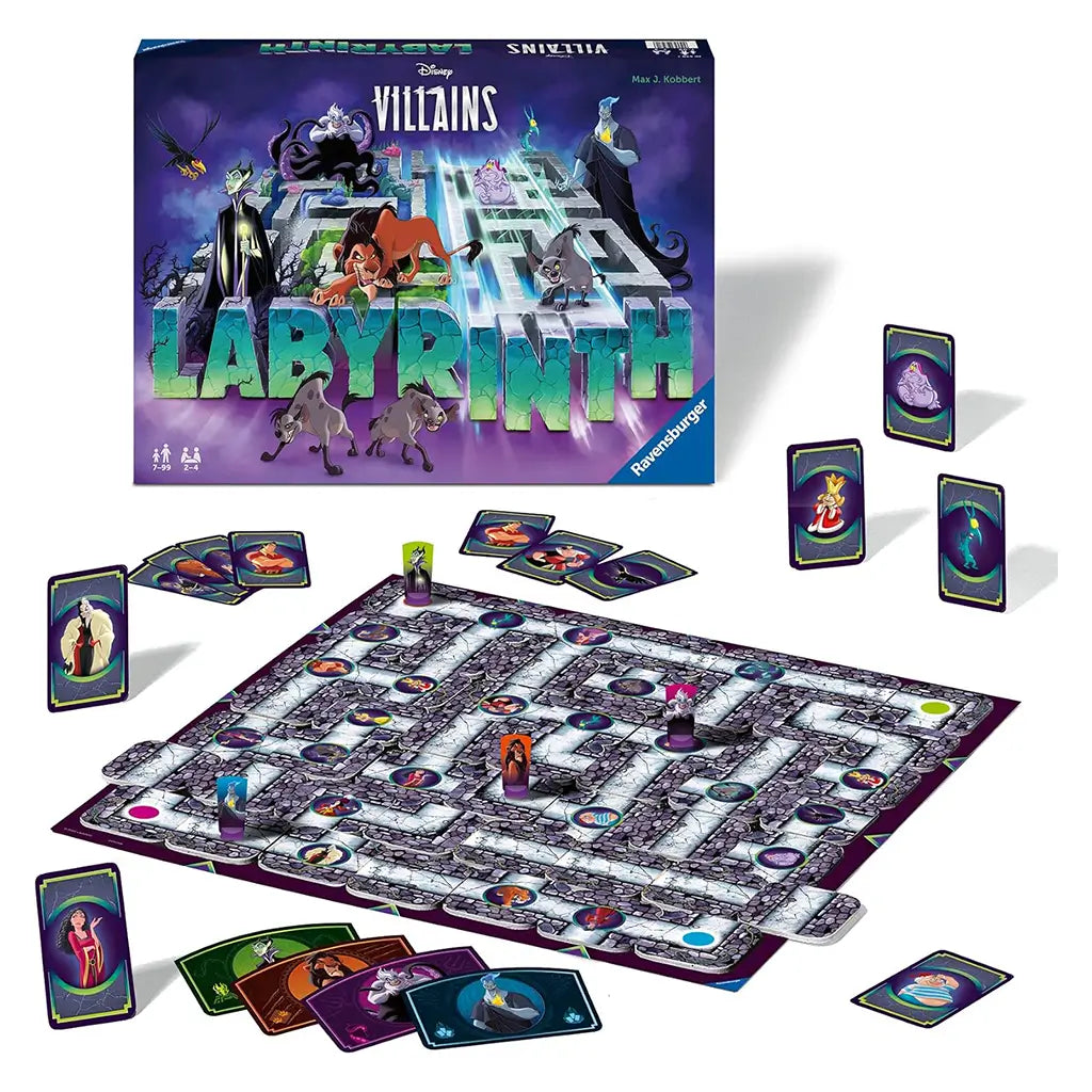 Ravensburger Disney Villains Labyrinth board game set with purple box, maze board, villain cards, and character pieces, designed for ages 7 and up to encourage strategy play.