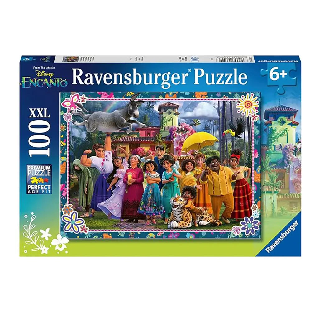 Ravensburger Encanto 100-piece XXL puzzle box showing the Madrigal family in front of the vibrant casita with magical details, designed for children ages six and older.