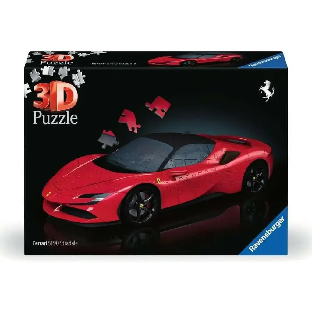Ravensburger 3D Puzzle box for Ferrari SF90 Stradale features bold car image and puzzle pieces floating on a black background.