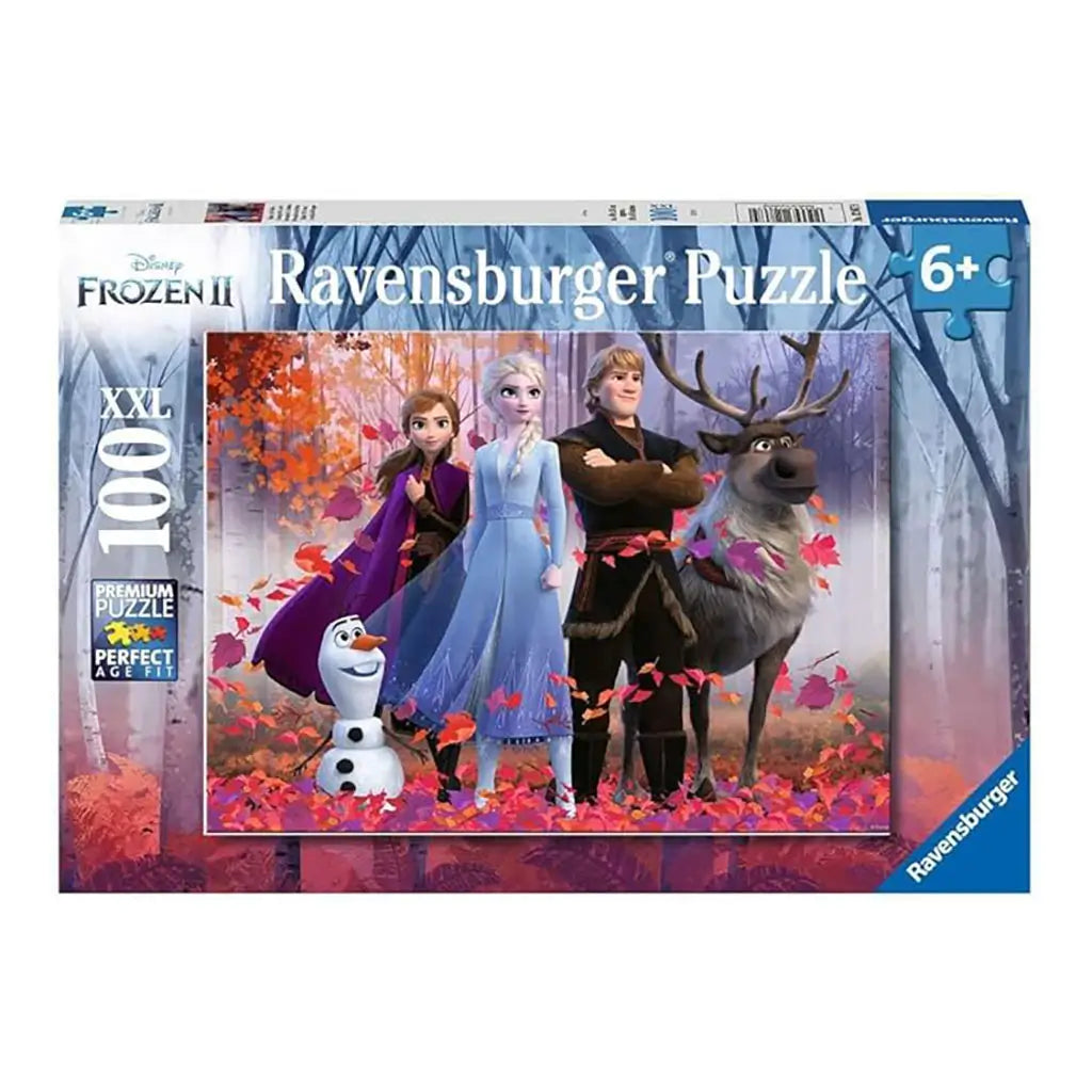 Ravensburger Frozen II 100-piece XXL puzzle box featuring Anna, Elsa, Kristoff, Sven, and Olaf standing in a forest with autumn leaves, designed for children ages six and older.