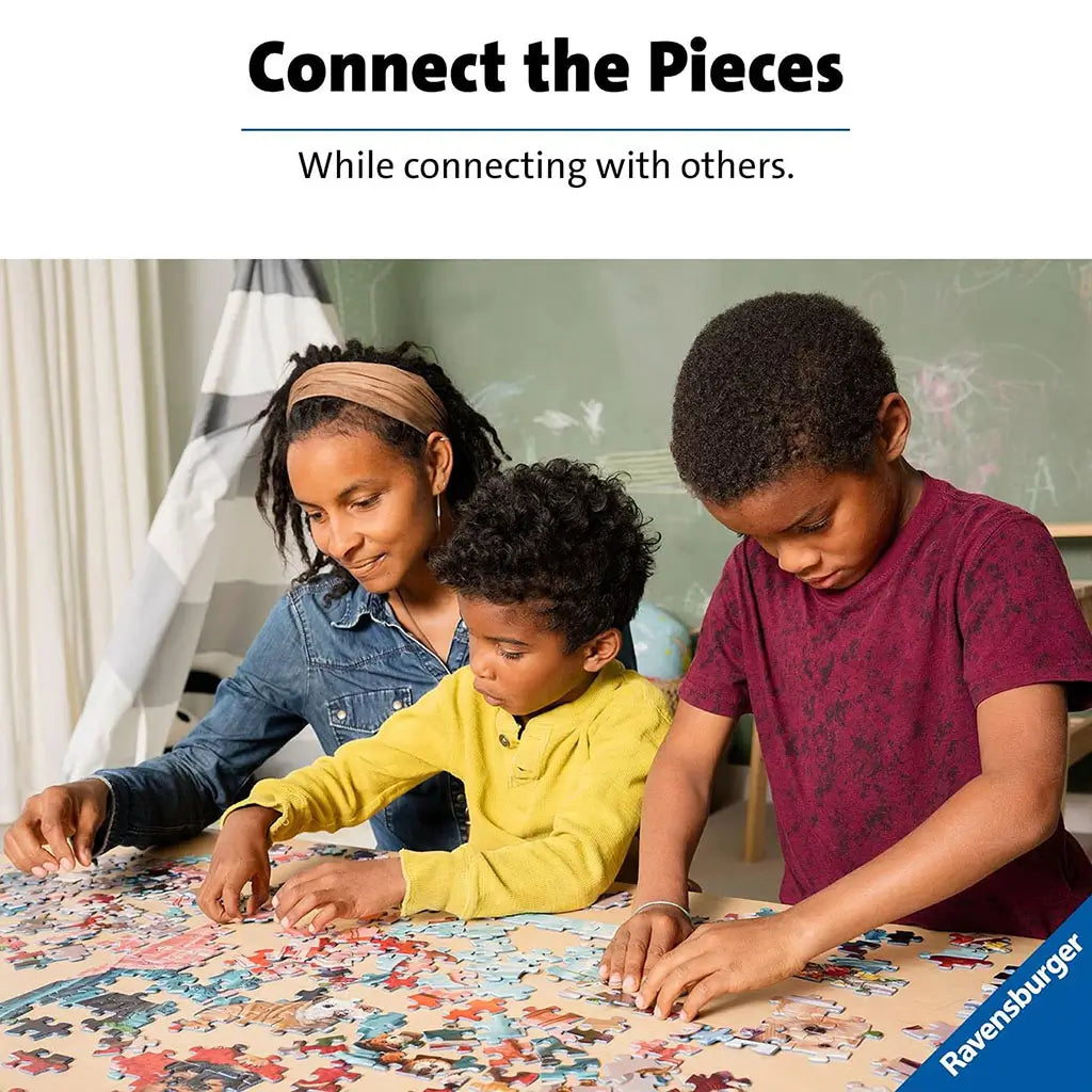 A smiling parent and two children work together assembling a Ravensburger Gabby’s Dollhouse puzzle at a table, highlighting the fun of shared family play and learning moments.