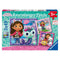 Ravensburger puzzle box featuring Gabby’s Dollhouse theme with three illustrated designs, promoting premium quality puzzles for kids aged five and older.