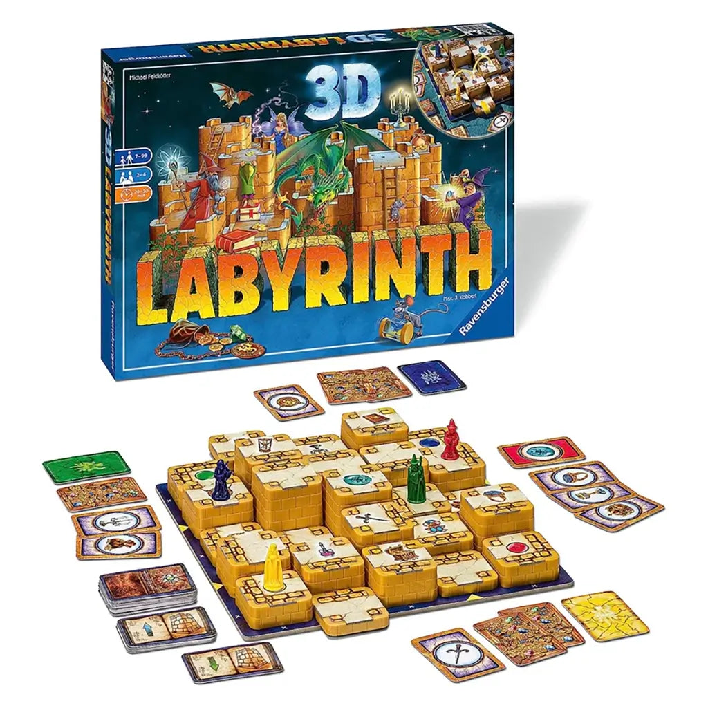 Ravensburger 3D Labyrinth board game display with box, raised maze tiles, colorful pawns, and treasure cards, designed for immersive family play and magical strategy challenges.