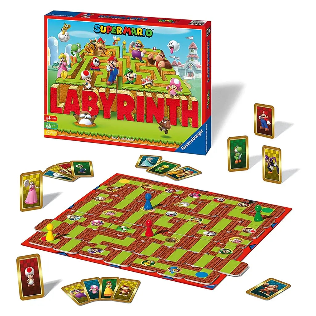 Ravensburger Super Mario Labyrinth board game set with box, maze board, character cards, and pawns, designed for 2 to 4 players in a shifting path strategy challenge.
