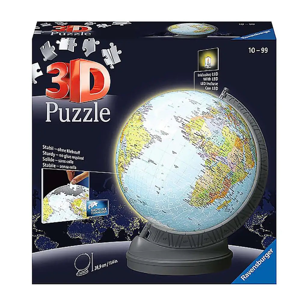 Ravensburger 3D Puzzle Globe box showing colorful world map design on a sturdy gray stand, featuring 540 interlocking pieces and LED light for an educational display.