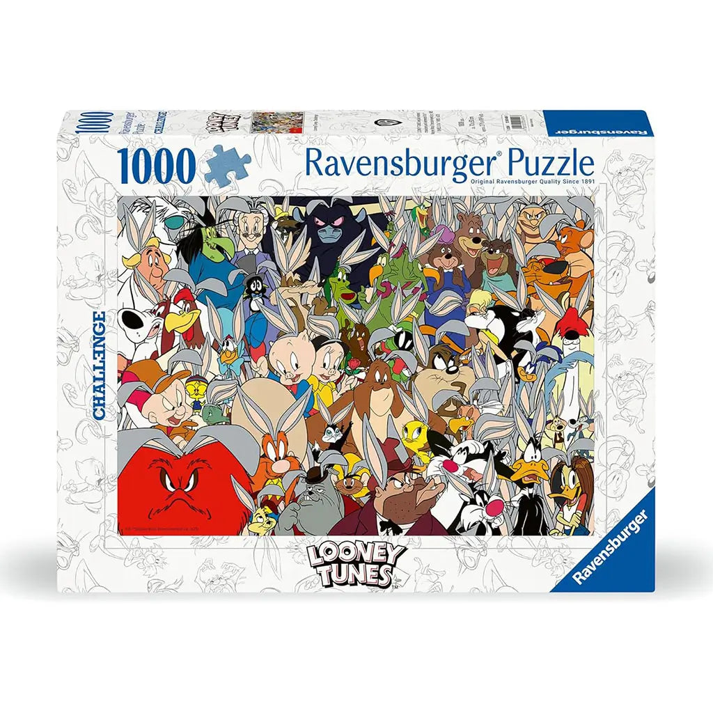 Ravensburger 1000-piece puzzle box featuring Looney Tunes artwork with Bugs Bunny, Daffy Duck, Porky Pig, and other characters in a challenging collage-style illustration.