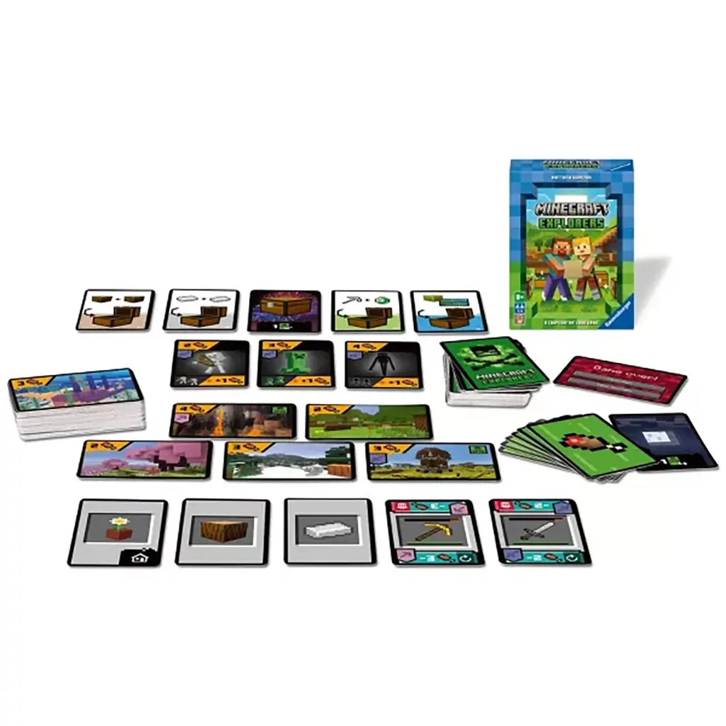 Complete Ravensburger Minecraft Explorers card game set with colorful illustrated cards, deck stacks, and game box featuring cooperative treasure-hunting gameplay.