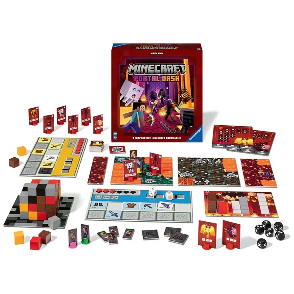 Ravensburger Minecraft Portal Dash complete game set displayed with box, dice, cards, player boards, cubes, and colorful Nether pieces, promoting cooperative strategy and adventure gameplay.