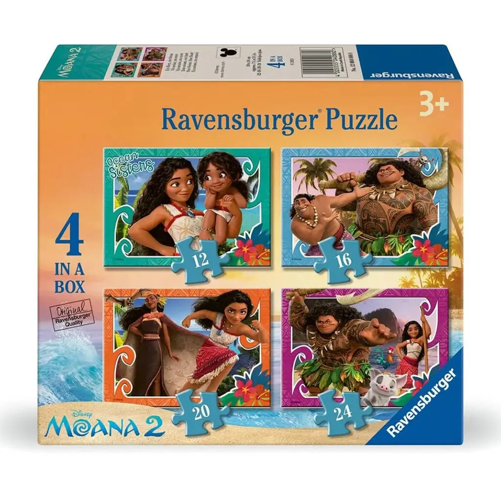 Ravensburger Moana 2 four-in-a-box puzzle set showing 12, 16, 20, and 24-piece designs of Moana, Maui, and family characters in colorful tropical island scenes.