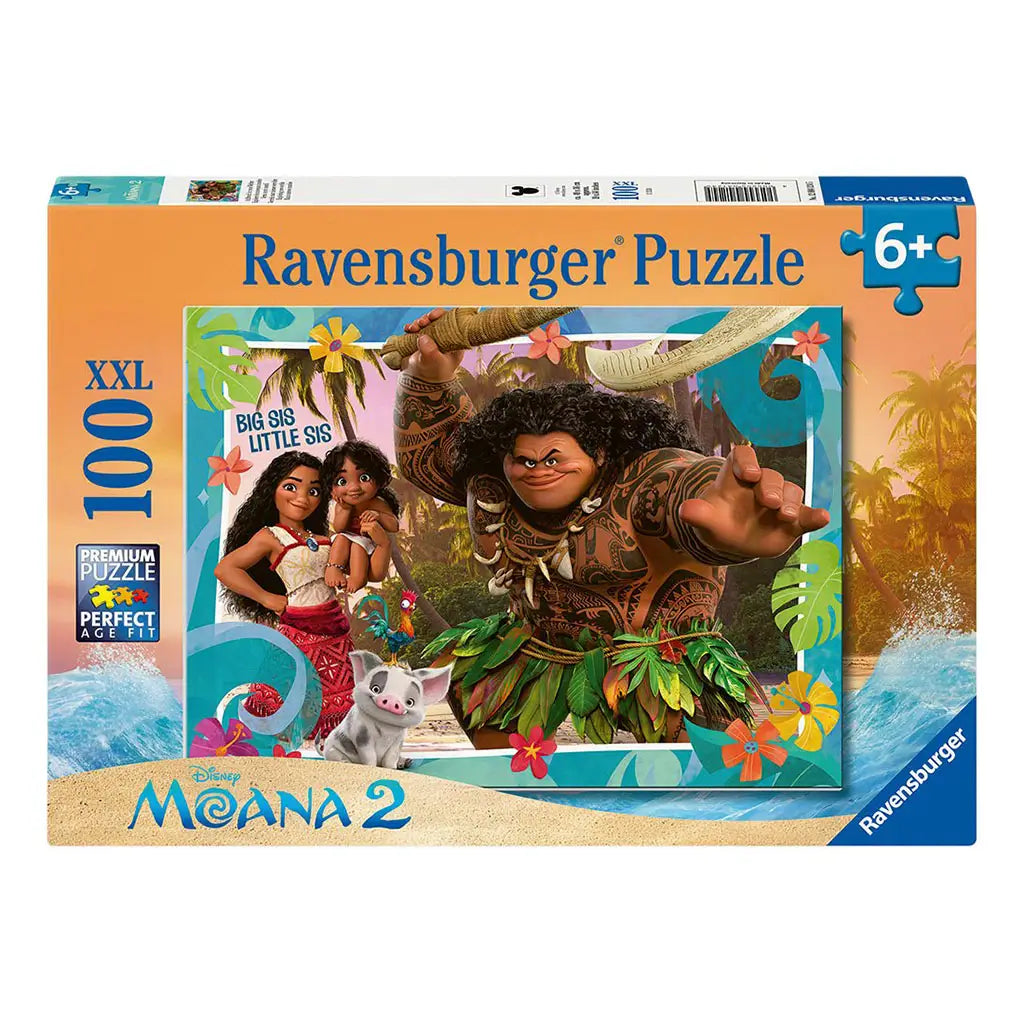 Ravensburger Moana 2 XXL 100-piece puzzle box showing colorful Disney characters Moana, Maui, and Pua pig against a tropical island backdrop with palm trees and ocean waves.