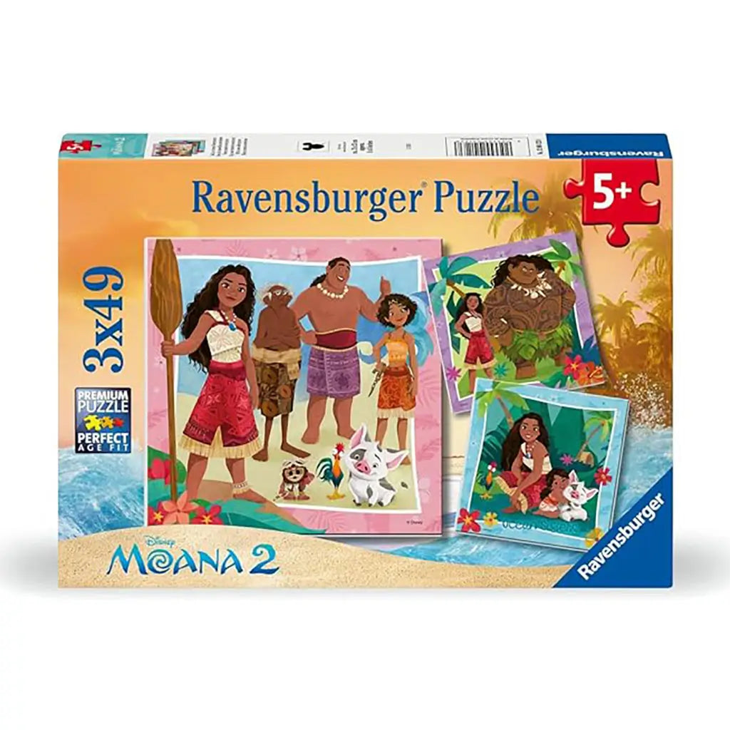 Ravensburger Moana 2 3x49-piece puzzle box featuring colorful Disney artwork of Moana, Maui, Pua, and family in tropical island scenes with palm trees and flowers.