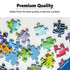 Scattered Ravensburger puzzle pieces with colorful, glossy print detail, highlighting premium cardboard construction and vibrant quality for precise and enjoyable assembly.
