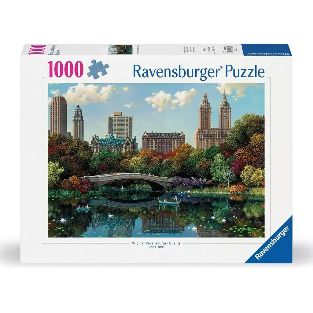 Ravensburger 1000-piece puzzle box featuring New York City’s Central Park Bow Bridge with vibrant autumn trees, skyline buildings, and reflective lake in detailed artwork.
