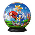 Close-up of completed Ravensburger 3D puzzle ball with Sonic, Knuckles, Tails, and Amy in a colorful, detailed video game landscape on a black stand.