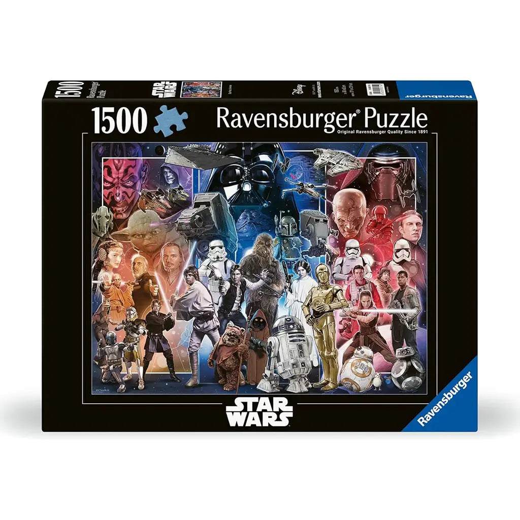 Ravensburger Star Wars 1500 piece puzzle box showing colorful montage of franchise characters including Luke, Leia, Yoda, Rey, and villains like Darth Vader and Kylo Ren.