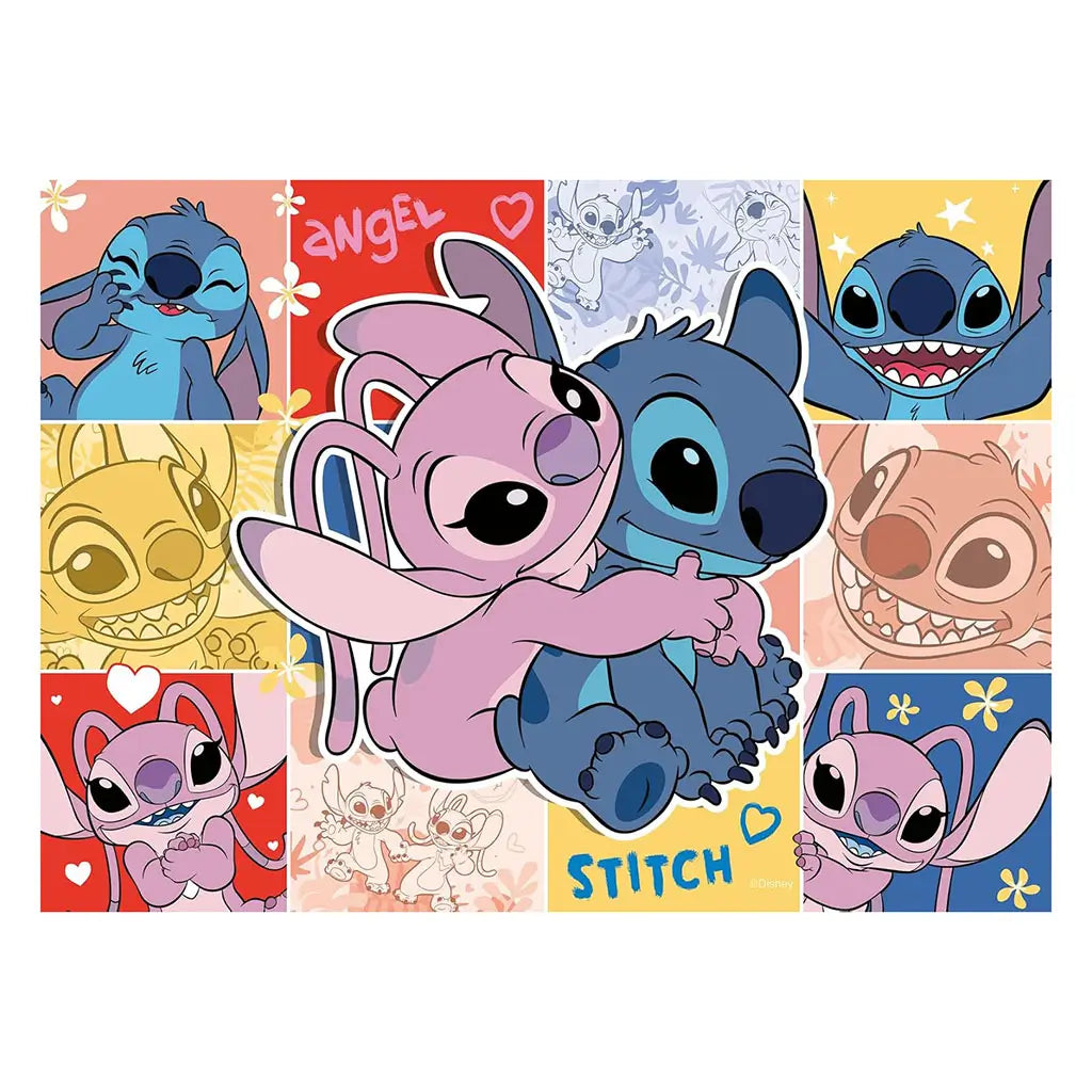 Puzzle artwork of Stitch cuddling Angel, the pink alien, surrounded by multiple cartoon panels of their happy faces, heart accents, and pastel backgrounds in yellow, red, and blue squares.