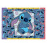 Disney Stitch puzzle artwork shows the blue alien sitting with folded arms and floppy ears, surrounded by playful Stitch faces on a floral background in purple, pink, and blue tones.