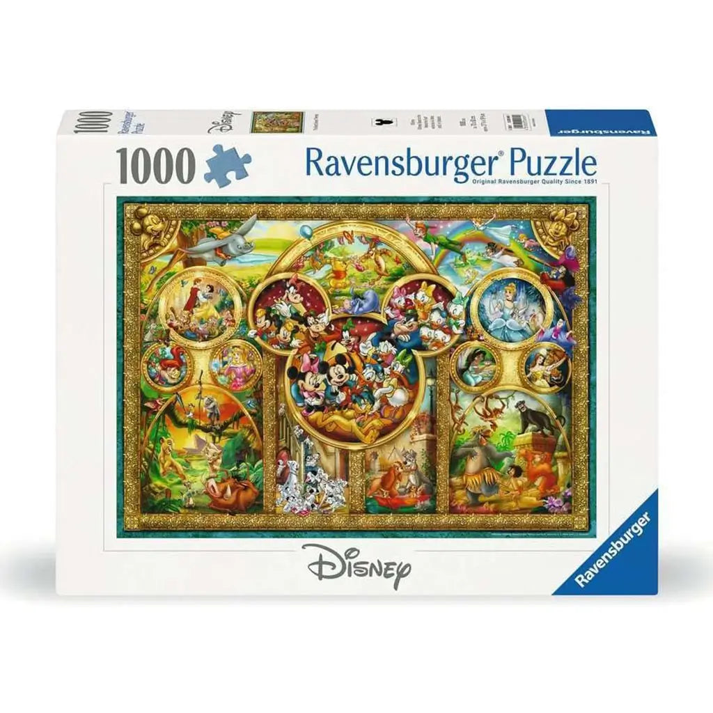 Ravensburger 1000 piece puzzle box titled “The Best Disney Themes,” featuring a golden frame with Mickey, Minnie, Donald, and classic Disney scenes in vibrant detail.