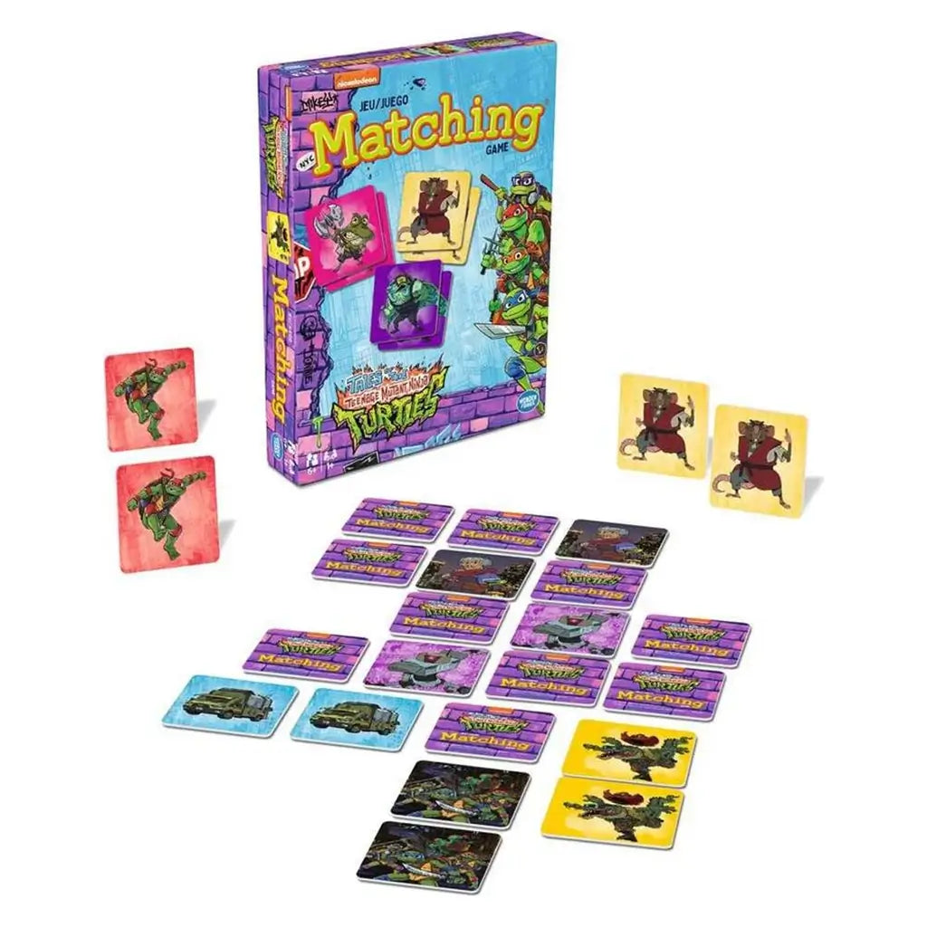 Teenage Mutant Ninja Turtles Matching Game box with cards displayed in front, featuring Splinter, Raphael, villains, vehicles, and turtle team artwork arranged in colorful sets.