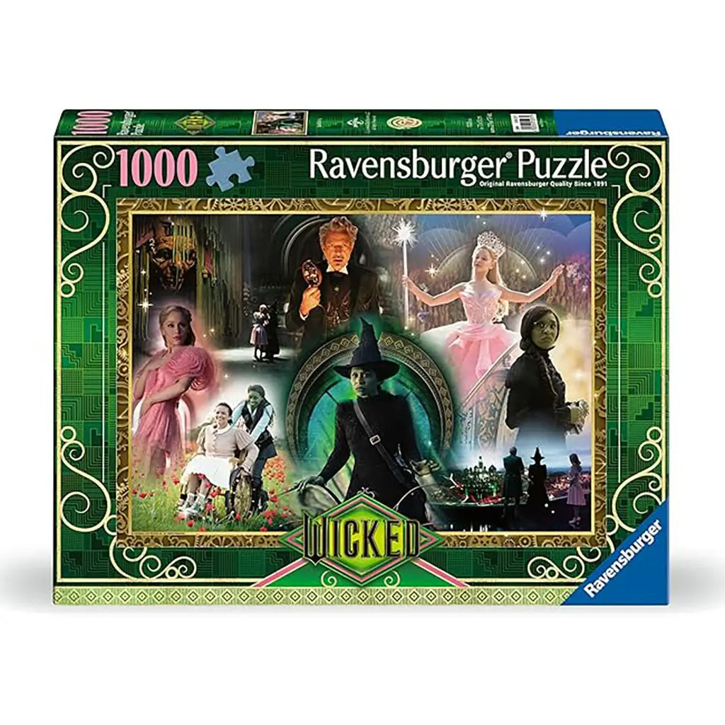 Ravensburger Wicked 1000-piece puzzle box showcasing a dramatic collage of witches, magical scenes, and cast members framed with green and gold ornate detailing.