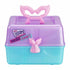 Close-up of Real Littles Micro Craft purple and teal storage box with pink mermaid tail handle and brand logo, emphasizing DIY craft toy packaging for fizz bomb creation.