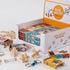 Display box of Brain Matches by Recent Toys containing 12 colorful puzzle boxes with wood and metal challenges spread out in front for interactive play.
