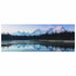 Panoramic jigsaw puzzle image of snow-covered Rocky Mountains reflected in a calm lake, bordered by evergreen trees under a soft pink and blue winter sky, forming a serene landscape scene.