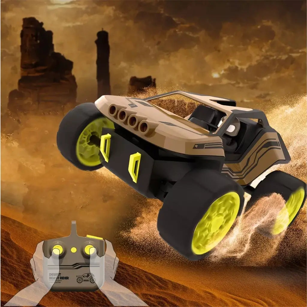 Sharper Image Desert Beast Rider RC off-road buggy shown leaping through a sandy desert landscape with glowing yellow tires and a matching remote control at the bottom of the image.