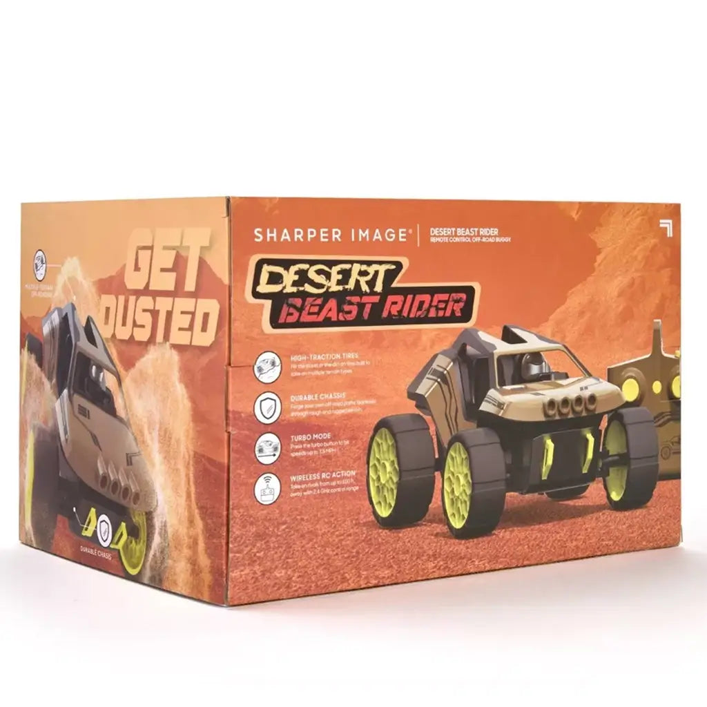 Retail packaging of Sharper Image Desert Beast Rider remote control off-road buggy featuring bold ‘Get Dusted’ text, product image, and highlights such as high-traction tires and turbo mode.
