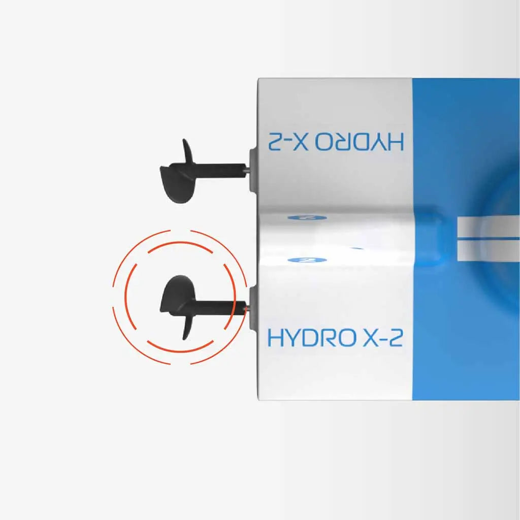 Close-up view of twin propellers on Sharper Image X-Treme Hydro Racer RC boat labeled Hydro X-2, highlighting motion and water propulsion system in action.