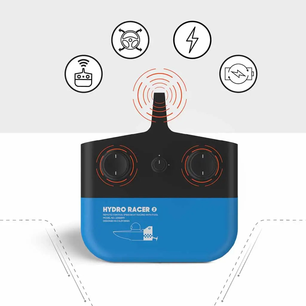 Wireless controller for Sharper Image Hydro Racer remote control boat, showing dual joysticks, signal icons, and wireless transmission indicators on white background.