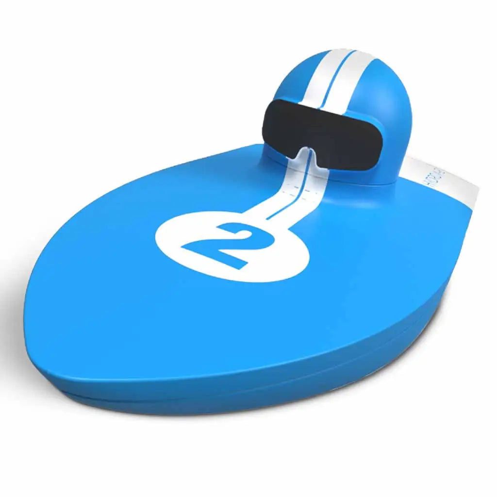 Front angled view of Sharper Image Hydro Racer blue RC speedboat with white racing stripe and number two design, showing streamlined build for water racing play.