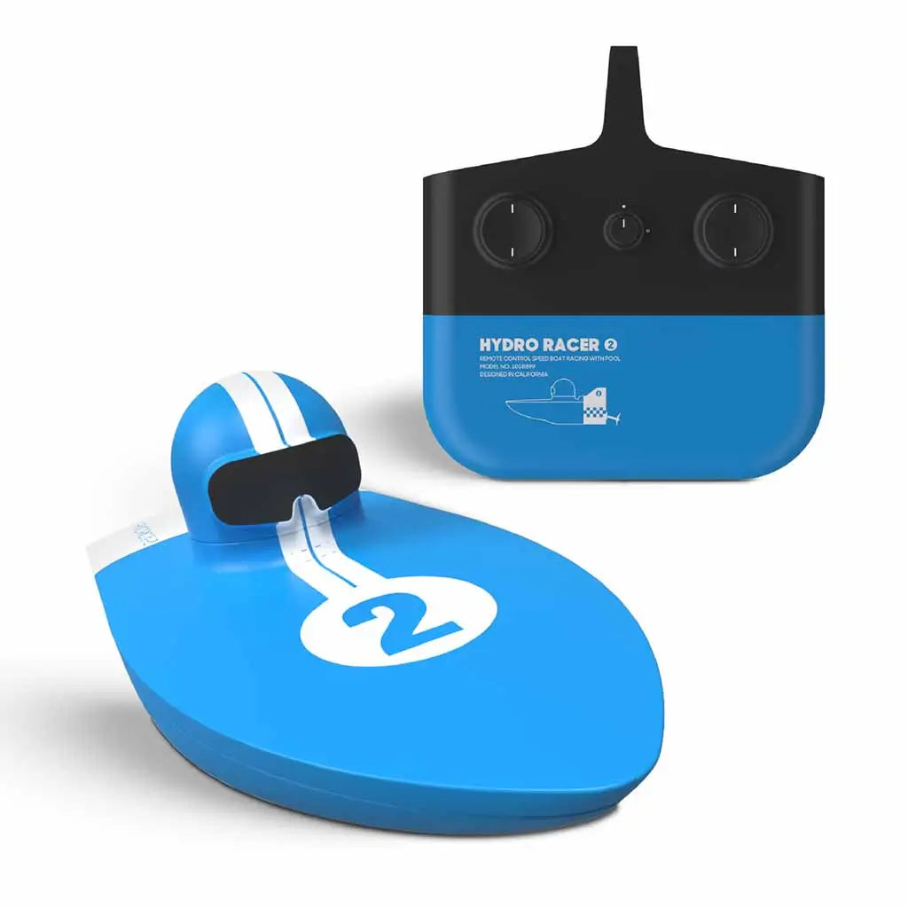 Sharper Image X-Treme Hydro Racer remote control blue speedboat with matching black and blue wireless controller, featuring number two racing design and aerodynamic shape.