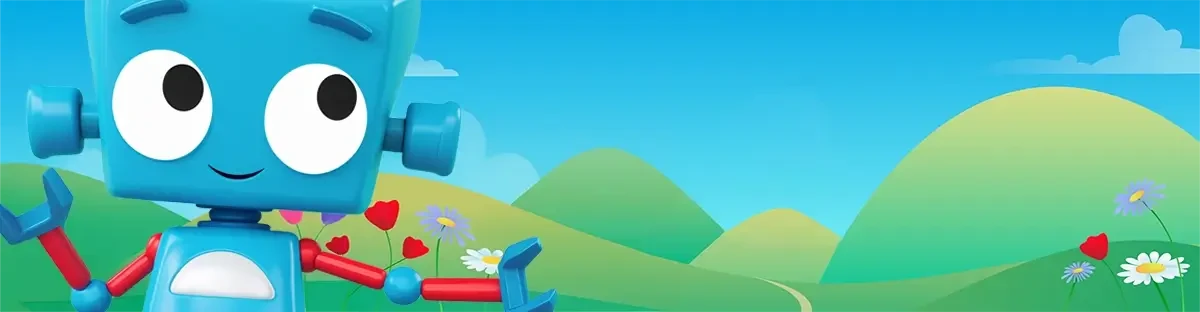 Friendly cartoon robot mascot Mazbot with a blue square head, red arms, and claw hands standing in a flower-filled meadow with green hills and a clear blue sky.