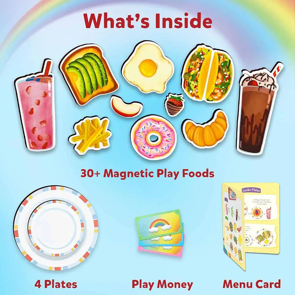 Skillmatics Rainbow Diner playset showing colorful magnetic play foods like eggs, donuts, fries, tacos, smoothies, and plates with menu card, encouraging imaginative restaurant roleplay for kids.