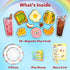 Skillmatics Rainbow Diner playset showing colorful magnetic play foods like eggs, donuts, fries, tacos, smoothies, and plates with menu card, encouraging imaginative restaurant roleplay for kids.
