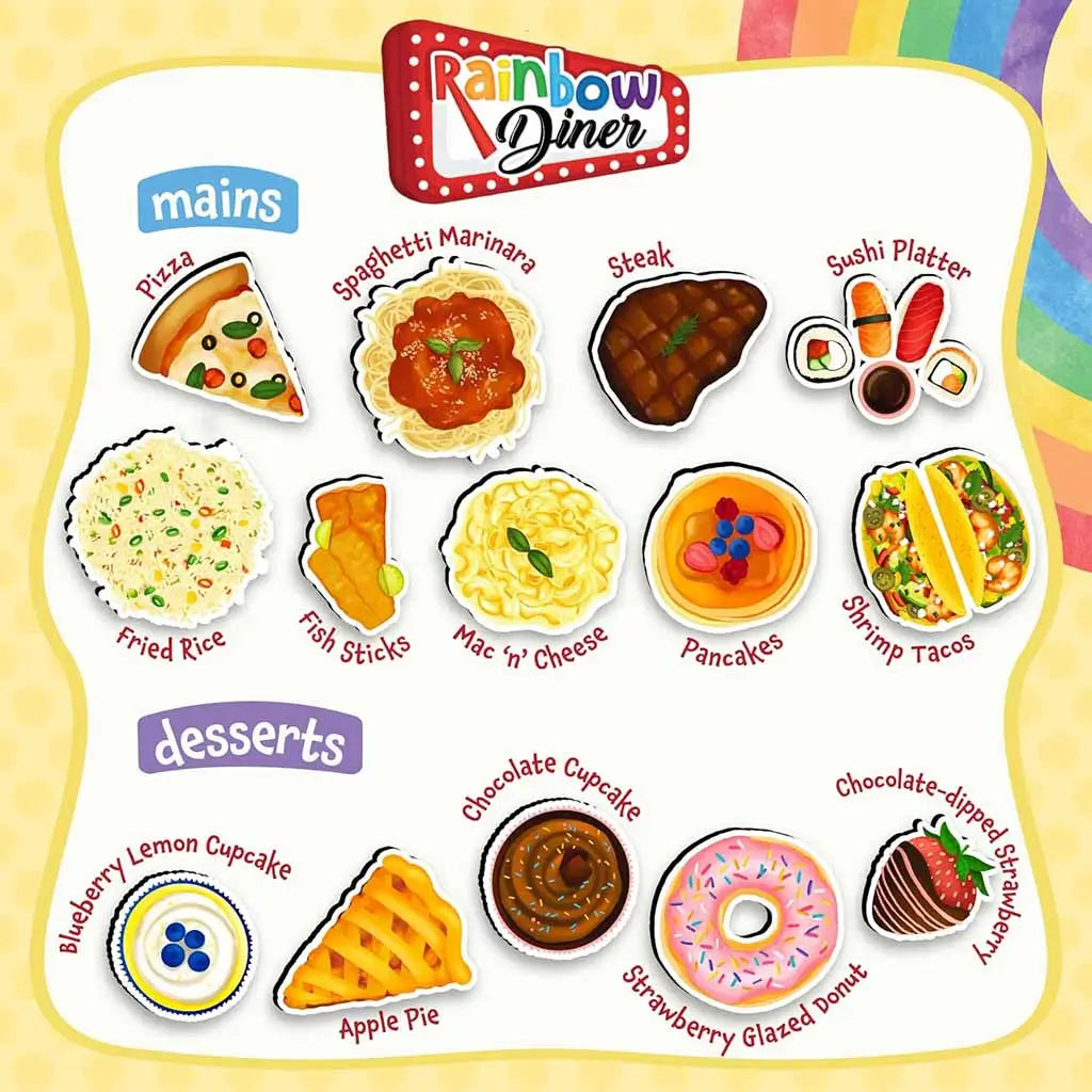 Skillmatics Rainbow Diner chart displaying main dishes and desserts like pizza, spaghetti, steak, pancakes, and cupcakes, designed for interactive pretend play restaurant learning fun.