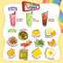Skillmatics Rainbow Diner drinks and sides chart with colorful illustrated foods including milkshake, avocado toast, mixed salad, and fries under bright headings for pretend diner play learning.