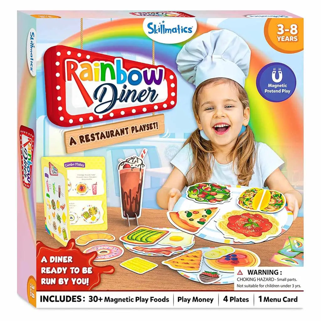 Skillmatics Rainbow Diner restaurant playset box featuring a smiling child in a chef hat surrounded by colorful magnetic foods, plates, and menu card promoting interactive pretend cooking fun.